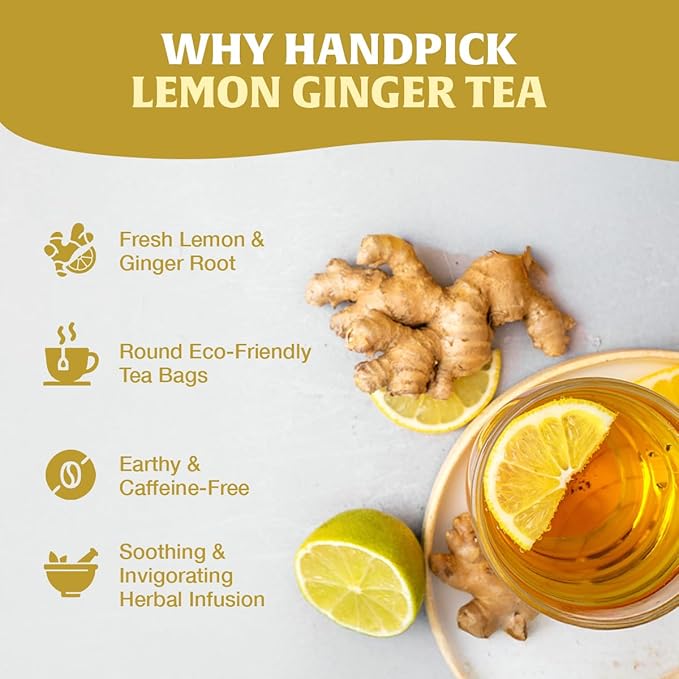 HANDPICK, Lemon Ginger Herbal Tea - 100 Pyramid Tea Bags | 100% Natural Ingredients, Tasty & Citrusy Hand-made Blend of Lemon & Ginger | Caffeine Free, Gluten Free | No Artificial Ingredients - Bloomnest