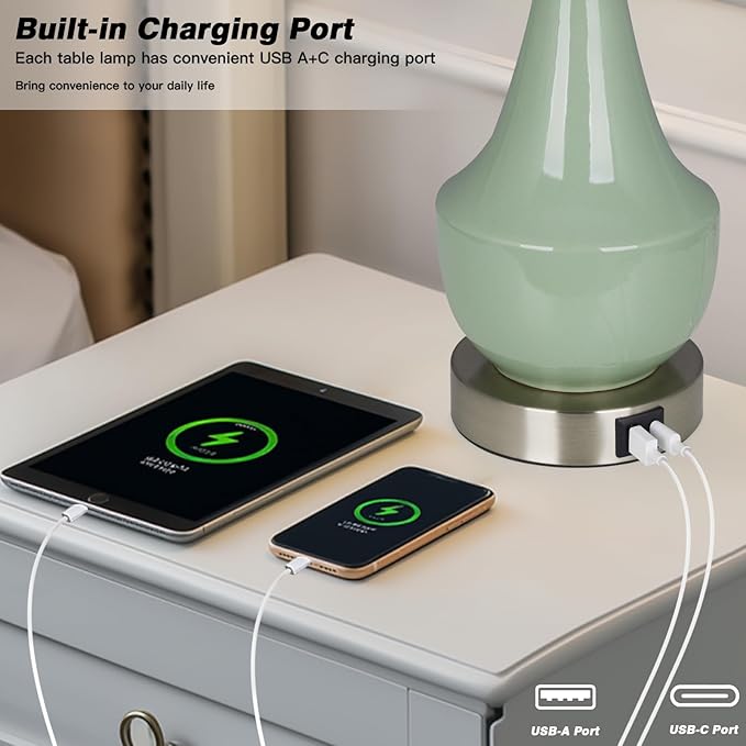 Modern Green Table Lamp Set of 2, 24" Ceramic Table Lamp with USB A+C Ports,Classic Beside Lamps Nightstand Lamp Modern Lamp for Living Room, Bedroom & Office -LED Bulbs Included - Bloomnest