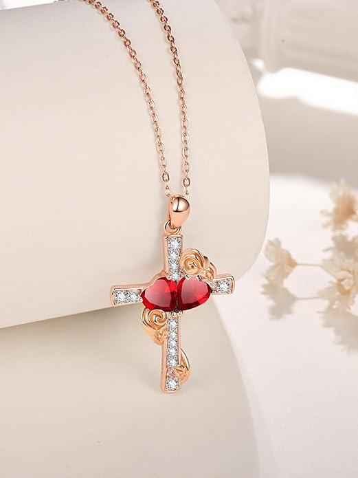 Rose Gold Dual Birthstones Cross Necklace for Women Rose Flower Jewelry Anniversary Christmas Mother's Valentine's Day Birthday Gift for Wife Girlfriend Mom - Bloomnest