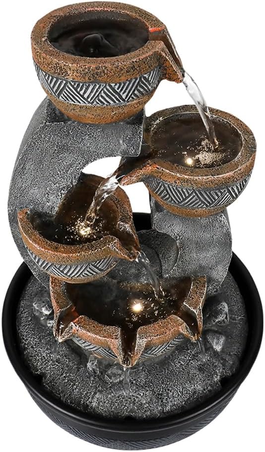 15.7''H Tabletop Water Fountain with LED Lights - Peaceful and Relaxing Water Sound - Small Desktop Waterfall Fountain for Home and Office Decoration