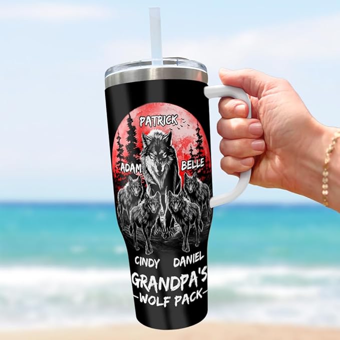 Custom Grandpa’s Wolf Pack Tumbler – Personalized Gift With Wolf Family and Grandkids’ Names – Red Moon Forest Design – Birthday or Father’s Day Mug - Bloomnest