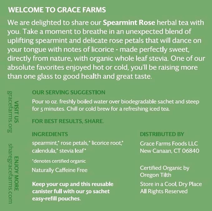 Grace Farms Organic SPEARMINT ROSE Herbal Tea (16 Pyramid Sachets) | Naturally Sweet, Stress Relieving and Caffeine Free | Organic, Fair Trade and Kosher Certified | Delicious Iced Tea | Gives Back 100% of Profits - Bloomnest