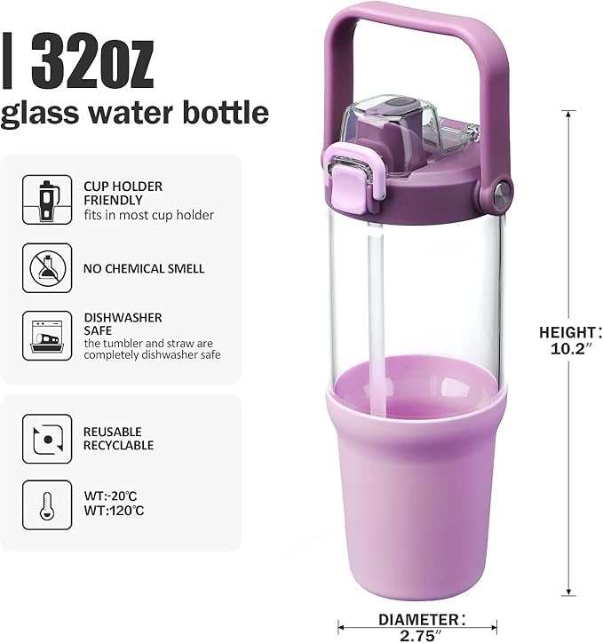 Glass Tumbler with Carry Handle, Clear Glass Water Bottle with Leakproof Lid, Spout Lid&Straw, BPA-Free, 32 oz, Lilac - Bloomnest