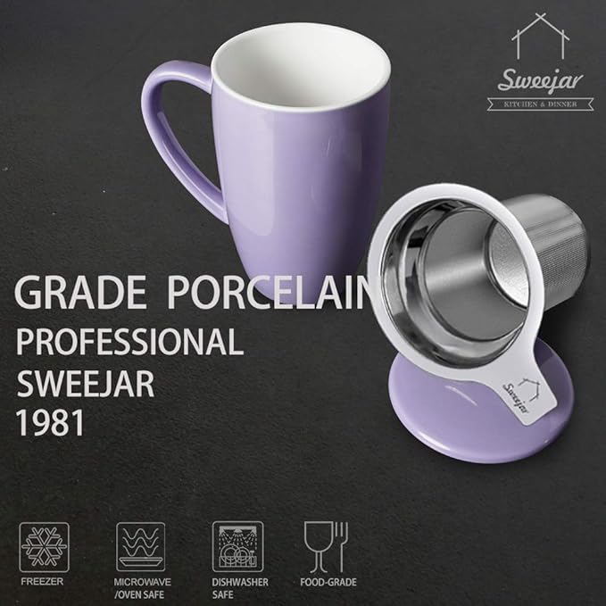 Sweejar Porcelain Tea Infuser Mug with Lid, 16 oz Teacup with Strainers for Loose Leaf Tea, Microwave and Dishwasher Safe Coffee Mug(Purple) - Bloomnest
