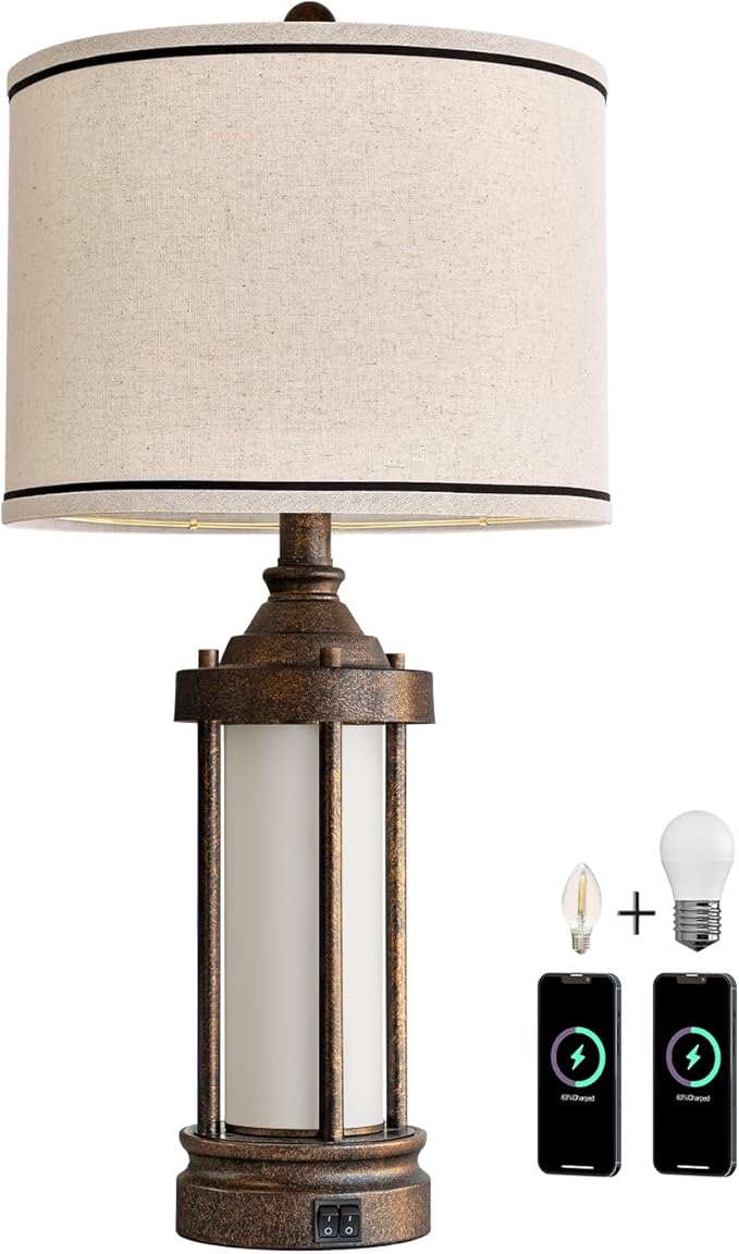 25'' Table Lamp for Living Room Bedroom Farmhouse Metal Lamps with 2 USB Ports, Built-in Frosted Glass Night Light Vintage Industrial Nightstand Bedside End Lamp, 2 Bulbs Included, Bronze - Bloomnest