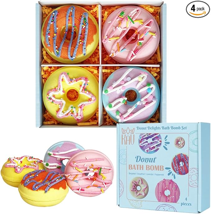 KAV Donut Bath Bombs Gift Set – 4 Piece Handmade Organic Bath Bomb Kit with Essential Oils – Relaxation Spa Gift for Women, Men, Teens, Kids – Self Care & Aromatherapy Soak - Bloomnest