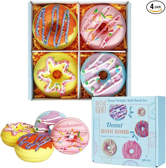 KAV Donut Bath Bombs Gift Set – 4 Piece Handmade Organic Bath Bomb Kit with Essential Oils – Relaxation Spa Gift for Women, Men, Teens, Kids – Self Care & Aromatherapy Soak - Bloomnest