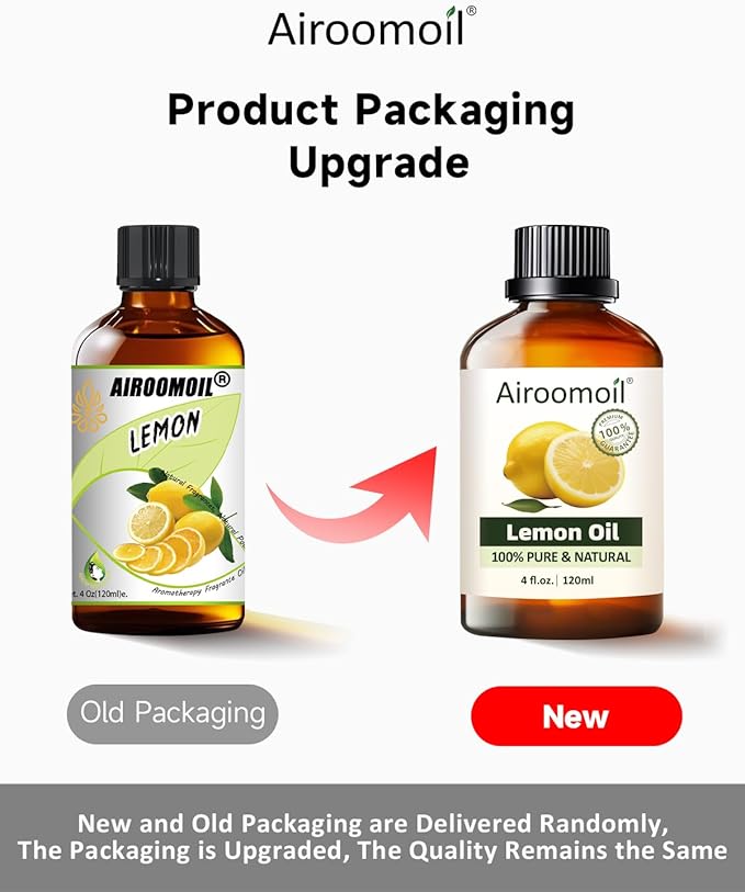 Lemon Essential Oil 4 fl oz (120ml), Large Size for Cleaning, Diffuser & DIY, Aromatherapy, Light Fresh Citrus Scent, No Added Fragrance, Daily-Use Essential Oil for Home & Crafts Airoomoil