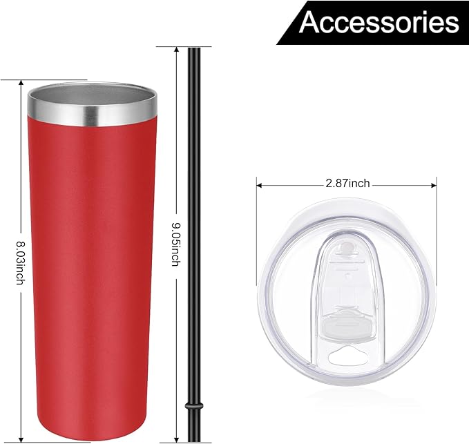 VEGOND 20 oz Stainless Steel Skinny Tumbler with Lids and Straws, 20oz Double Wall Insulated Slim Tumbler Cup for Cold Hot Drinks, Red 1 Pack - Bloomnest