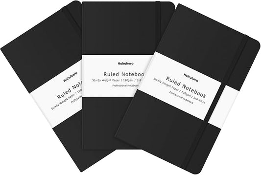 Huhuhero Lined Notebook Journal, 120Gsm Thick Paper College Ruled Journal, Hardcover Notebooks for Work School Note Taking, Office School Supplies 5"×8.25" (3, Black) - Bloomnest