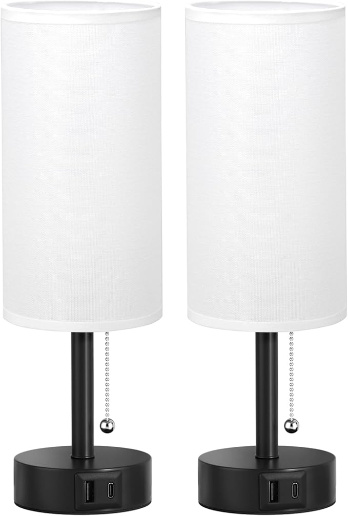 Fenmzee USB Bedside Table Lamps Set of 2-3 Color Temperatures Pull Chain Lamp with USB C and A Charging Ports, Round Night Stand Lamps for Bedroom - Bloomnest