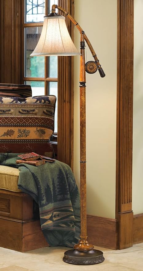 BLACK FOREST DECOR - Fishing Pole Floor Lamp with Linen Shade, Cast Resin Construction - Vintage Lakeside Style - 19" W x 63" H - Bloomnest