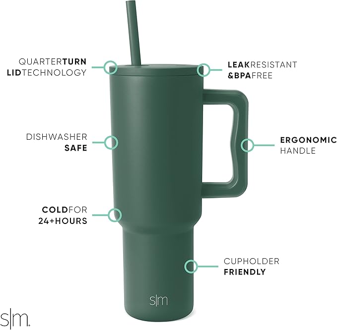 Simple Modern 40 oz Trek Tumbler with Handle and Straw Lid | Cup Holder Friendly Insulated Stainless Steel Travel Mug | Forest SimpleModern
