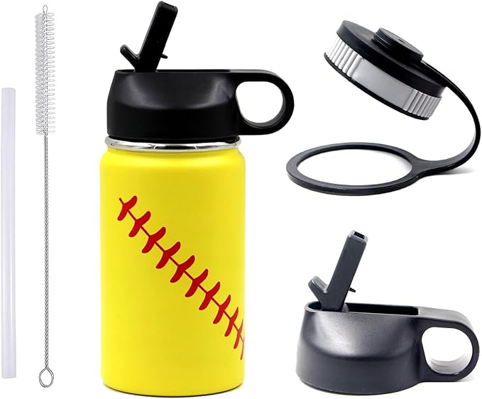 12 oz Softball Water Bottle, Wide Mouth Sports Flask Metal Travel Tumbler with 2 Lids, Stainless Steel Double Wall Vacuum Insulated Leak Proof Thermo Water Bottles, Softball Stuff Gifts for Mom Girls - Bloomnest