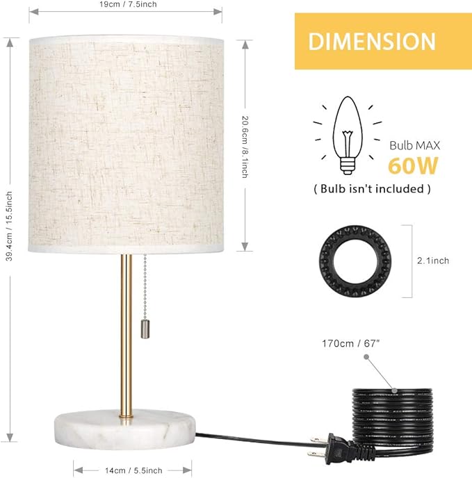 HAITRAL Bedside Table Lamp - Small Nightstand Lamp with Marble Base, Lamp for Bedroom, Office, Girls Room - Gold - Bloomnest