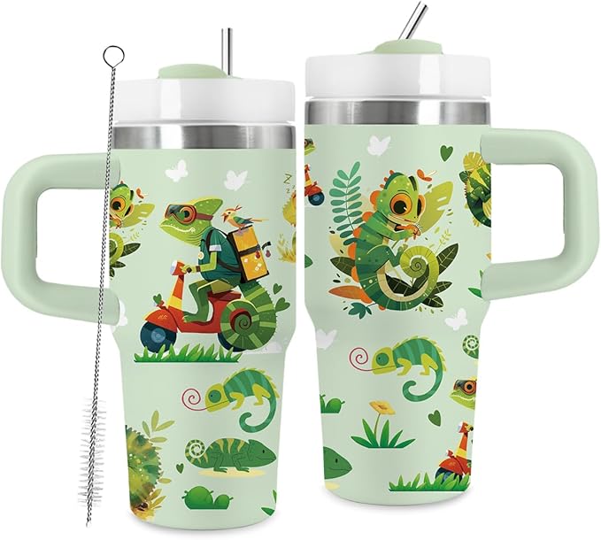 14oz Chameleon Tumbler with Handle and Straw, Stainless Steel Vacuum Insulated Tumblers, Birthday Gifts for Chameleon Lover, Daughter, Son, Sister - Bloomnest