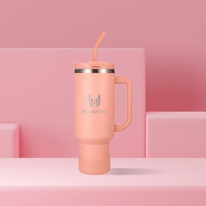 40 oz Insulated Tumbler with Handle and Straw – Double Wall Stainless Steel Vacuum Cup | Car Cup Holder Fit | Hot Cold Travel Mug | BPA Free Reusable Water Bottle Gift for Her (Sunset Pink) - Bloomnest