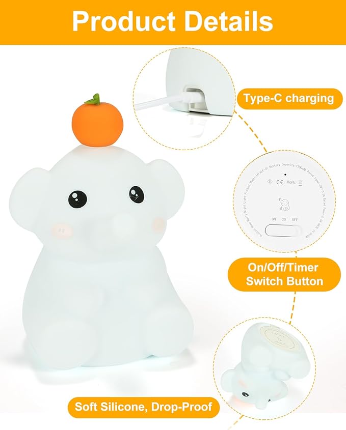 LED Night Light, Cute Squishy Elephant Lamp, Silicone Rechargeable Dimmable Nightlight for Nursery and Bedrooms, Elephant Gift for Women (White-Blue) - Bloomnest