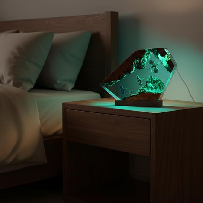 Handcrafted Ocean Scene Night Light, LED Resin Art Lamp with Sea Turtles and Divers, Decorative Table Lamp, Wooden Base (Dragons) - Bloomnest