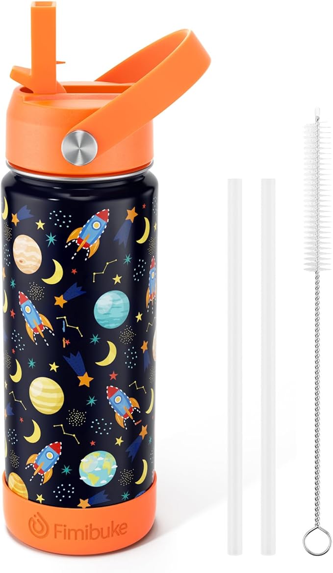 Fimibuke Kids Insulated Water Bottle, 18oz BPA FREE 18/8 Stainless Steel Kids Cup with Straw Travel Tumbler Double Wall Vacuum Leak Proof Toddler Water Bottle for School Boys Girls(1 Pack, Space) - Bloomnest
