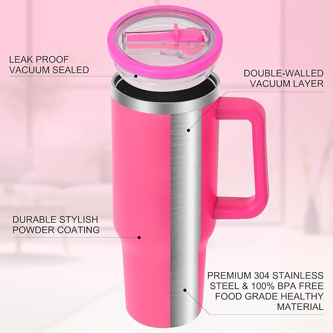 40 oz Tumbler with Handle and Flip Straw Lid, Vacuum Insulated Leak Proof Double Walled Stainless Steel Travel Mug Tumblers, Maintains Cold Ice and Heat for Hours(Hot Pink) - Bloomnest