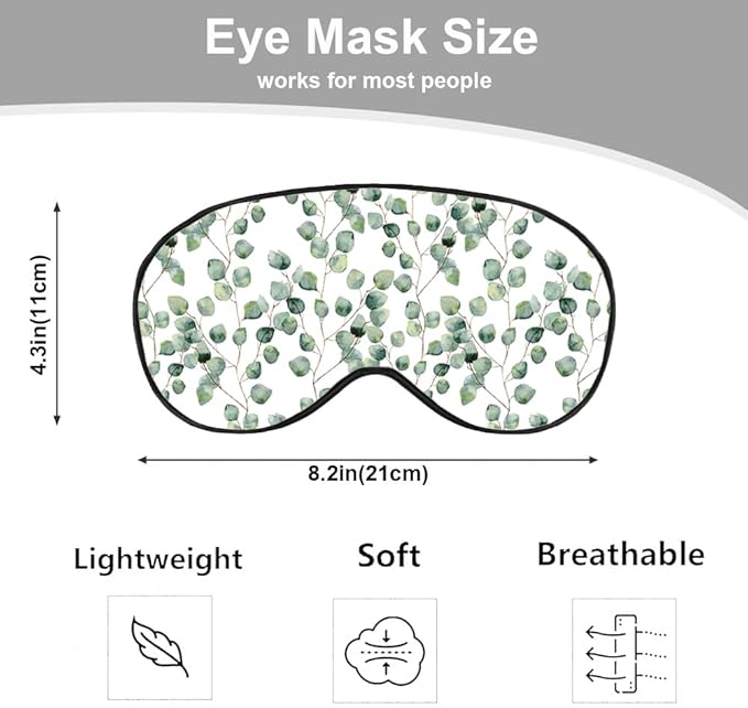 Green Floral Sleep Eye Mask Eye Cover Watercolor Eucalyptus Round Leaves Branches Silk Eye Mask for Sleeping with Adjustable Strap for Travel Nap Shift Work Office - Bloomnest