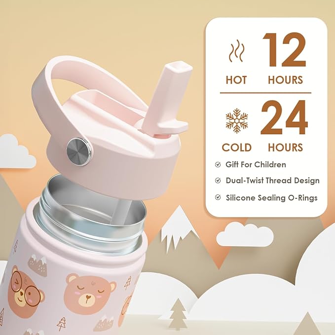 SANDJEST Bear Kids Water Bottle With Straw Lid 12oz Insulated Stainless Steel, Travel Tumbler, Bear Gifts For Boys Girls, Birthday, Christmas, Back To School - Bloomnest