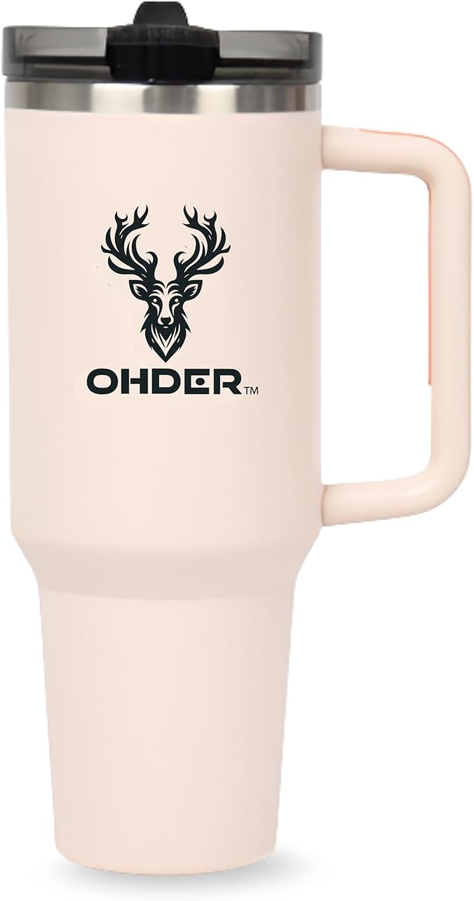 40 oz Tumbler with Handle and Straw | Vacuum Insulated Double Wall Stainless Steel Travel Mug | Leakproof, Hot and Cold | Cup Holder Friendly Base (Rose Quartz) - Bloomnest
