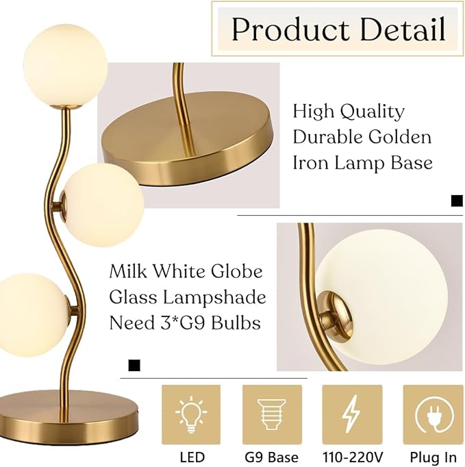 Mid Century Gold Globe Table Lamp 3-Light Flower Curve Beside Desk Table Light with Milk White Glass Shade Metal Base Nightstand Lamp for Bedroom Bedside - Bloomnest