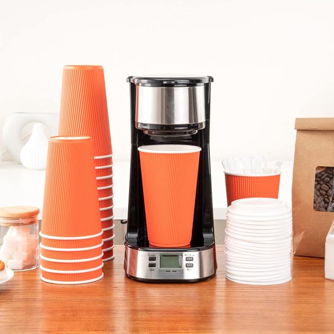 Restaurantware 16 Ounce Ripple Wall Disposable Coffee Cups, 500 Insulated Orange Paper Tumblers, Rolled Rim Design, Lids Sold Separately for Hot Drinks like Tea, Hot Chocolate and More - Bloomnest