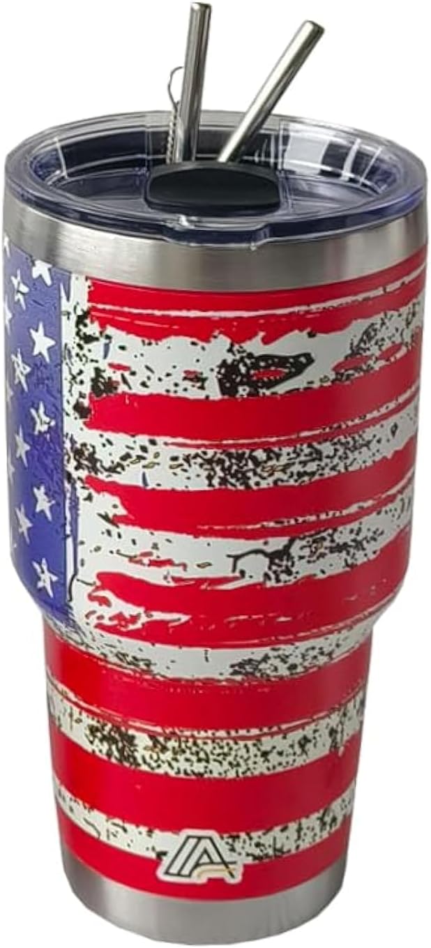30oz Stainless Steel Tumbler - USA FlagTumbler with Lid and Straw, Double Walled Travel Mug Insulated for Hot & Cold Drinks, Vacuum Insulated Water Bottle for Home, Patriotic Gift