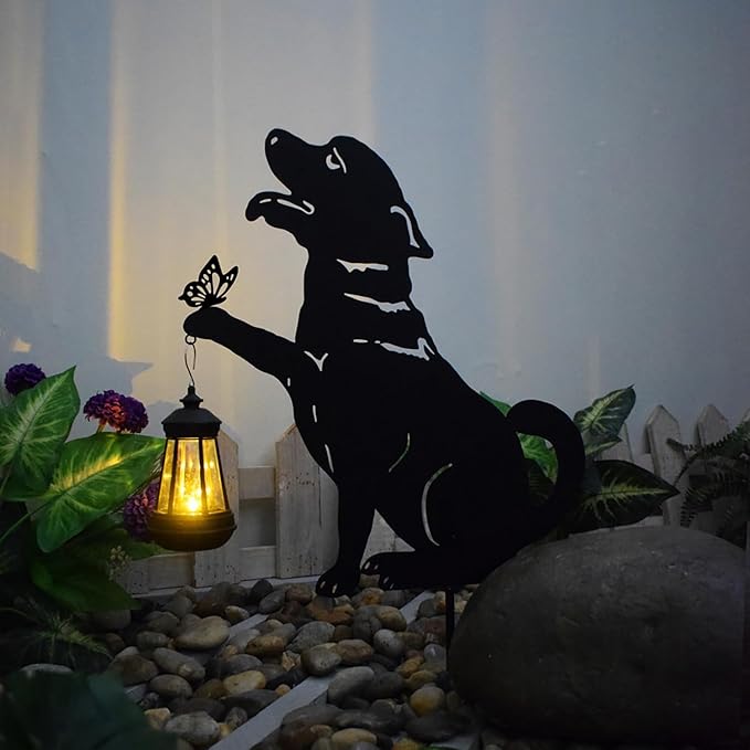 Solar-Powered Black Dog Garden Decor Stakes - Metal Silhouette Figurine for Outdoor Yard, Lawn, and Patio Decoration - Bloomnest