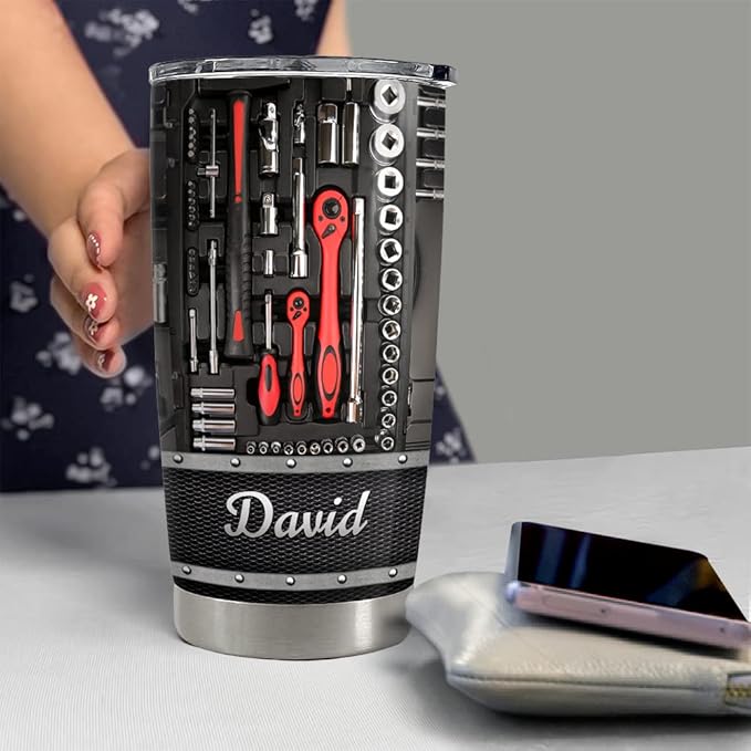 SANDJEST Personalized Mechanic Tumbler Metallic Style 20oz 30oz Tumbler with Lid Gift for Men Husband Dad on Father's Day Birthday - Bloomnest