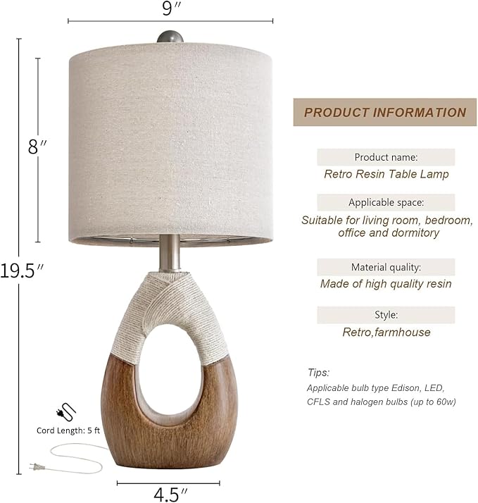 OYEARS Boho Table Lamps Bedroom Living Room Set 2,Suitable for Small Space,Farmhouse RattanTable Lamp 19”Rustic Egg Design Resin Light Decoration,Nightstand Bedside Lamps for Office Study Rest - Bloomnest