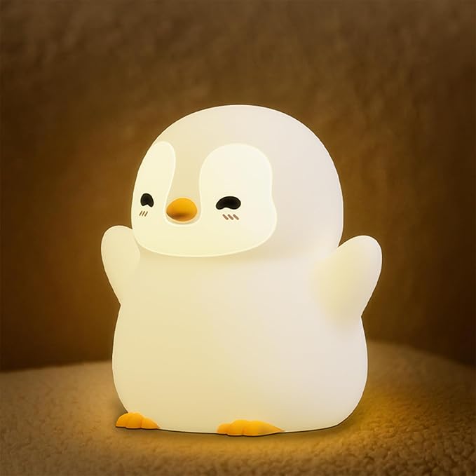 UNEEDE Standing Penguin Night Light with Detachable Bunny Hat - Rechargeable Silicone Touch Lamp, 2-Level Dimmable, 20-Min Timer, Nursery Decor for Kids & Holiday Gifts - Bloomnest