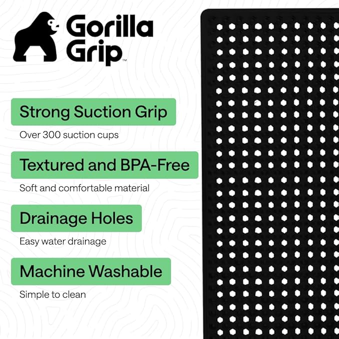GORILLA GRIP Patented Bath Tub Shower Mat, Machine Washable Bathtub Floor Liner Mats, Suction Cups and Drain Holes to Keep Tubs Clean, Soft on Feet, Bathroom Essentials, 35x16 Inch, Black - Bloomnest