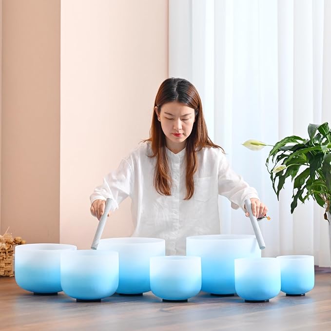 CVNC 432HZ 6-12 Inch Azure Blue Color Aria Gradient Design Frosted Quartz Crystal Singing Bowls Chakra Set of 7 with Carry Case Bags for Sound Healing and Meditation - Bloomnest