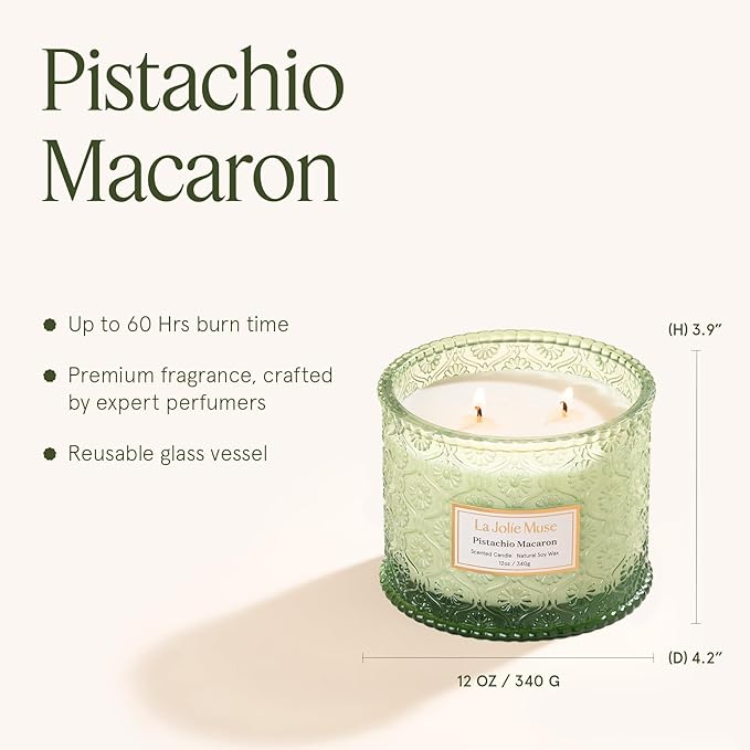 LA JOLIE MUSE Pistachio Macaron Candle | Pistachio, Milk & Vanilla | 12 oz Double Wick Soy Candle | Natural Soy Wax | 60 Hours Clean Burn | Holiday Gift for Dessert Lovers | Seasonal Home Décor - Bloomnest