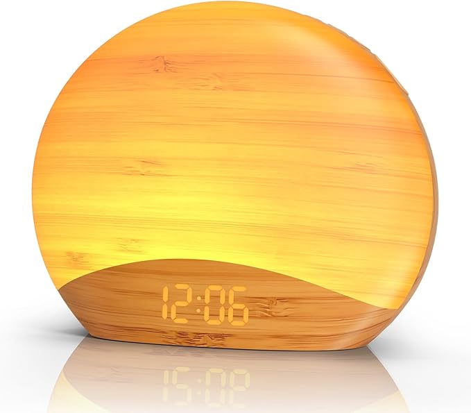 REACHER Natural Wood Grain Sound Machine Sunrise Alarm Clock，26 Nature Inspired Sleeping Sounds, 0-100% Dimmable Clock, Night Light,Brown/Pink/White Noise Sound Machine for Babys, Kids, Adults - Bloomnest