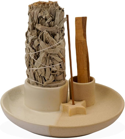 4 in 1 Incense Holder, Ceramic Incense Stick and Palo Santo Holder,Sage Holder for Burning- 5.5" Ceramic Ash Catcher Tray for Meditation and Yoga Room (Star Sand) - Bloomnest