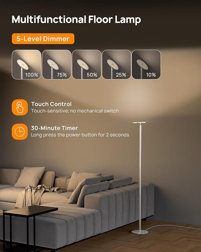 TROND Floor Lamp, 5000LM Super Bright Sky LED Modern Torchiere Standing Lamp, 3000K Warm White with 5-Level Dimmable, 71 in Tall Pole Light, 30-Minute Timer, Modular Rod, Wall Switch Compatible - Bloomnest