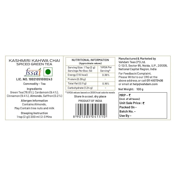 VAHDAM, Kashmiri Kahwa Tea (50 Cups/3.53oz) | Green Tea, Cinnamon, Cardamom, Almond & Saffron | Premium India Loose Leaf Tea | Vacuum Sealed for freshness - Bloomnest