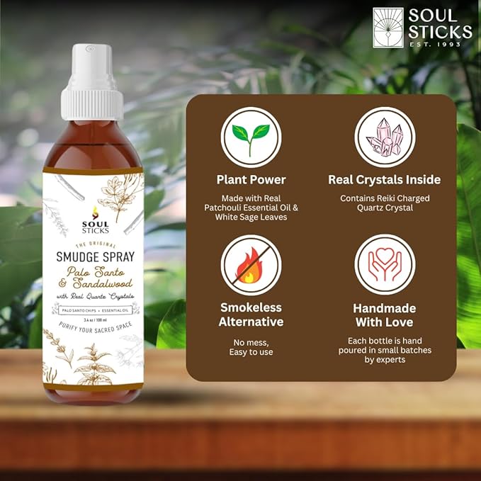 SOUL STICKS Palo Santo & Sandalwood Smudge Spray For Cleansing and Negative Energy | 3.5oz Palo Santo Spray with Real Quartz Crystals | Sage Room Spray for Spiritual Cleansing and Purifying Home Car SoulSticks