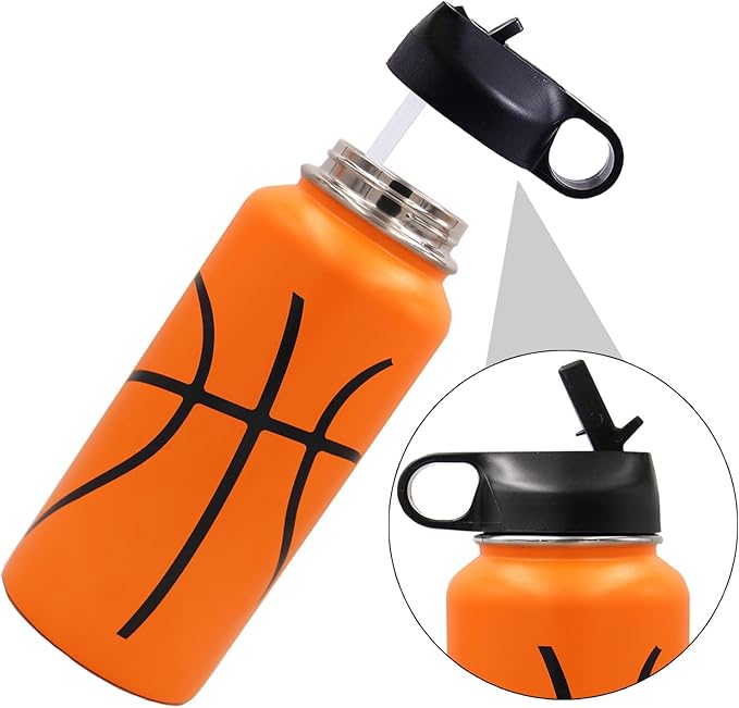 32 oz Basketball Water Bottle, Wide Mouth Sports Flask Metal Travel Tumbler with 2 Lids, Stainless Steel Double Wall Vacuum Insulated Thermo Water Bottles, Basketball Accessories Gifts for Boys Girls - Bloomnest