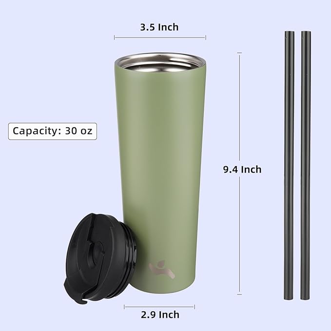 30 OZ Insulated Tumbler with Lid and 2 Straws Stainless Steel Water Bottle Vacuum Travel Mug Coffee Cup,ArmyGreen - Bloomnest