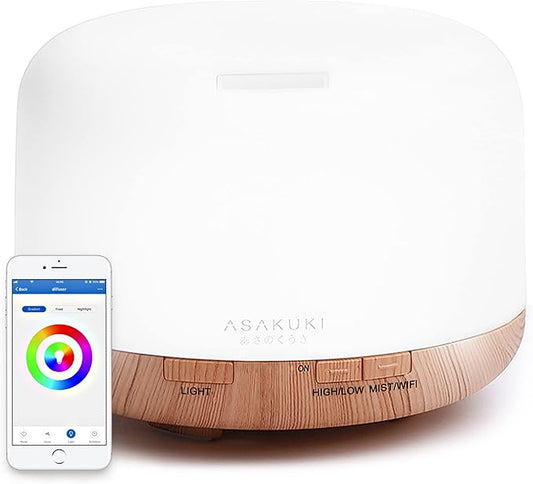 ASAKUKI Smart Wi-Fi Essential Oil Diffuser, App and Voice Control Compatible with Alexa, 500ml Aromatherapy Humidifier for Relaxing Atmosphere in Home Office Bedroom (Light Brown) - Bloomnest