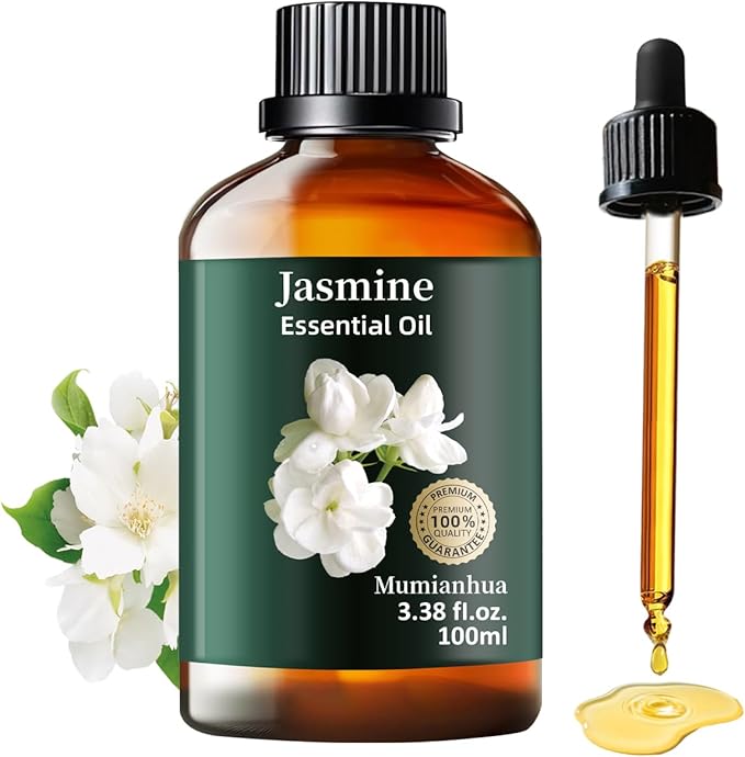 Pure Jasmine Essential Oil,Mumianhua Natural Jasmine Oil for Diffuser, Evening Atmosphere, Floral Bliss, Diffusion, Aromatherapy, Cleaning, Skin, Hair, Massages,Perfume, Candle Making 3.38 Fl Oz - Bloomnest