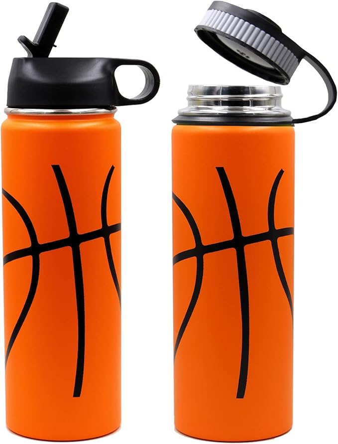 22 oz Basketball Water Bottle, Sports Flask Metal Travel Tumbler with 2 Lids, Stainless Steel Double Wall Vacuum Insulated Thermo Water bottles, Basketball Accessories Stuff Gifts for Mom Boys Girls - Bloomnest