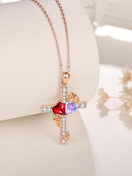 Rose Gold Dual Birthstones Cross Necklace for Women Rose Flower Jewelry Anniversary Christmas Mother's Valentine's Day Birthday Gift for Wife Girlfriend Mom - Bloomnest