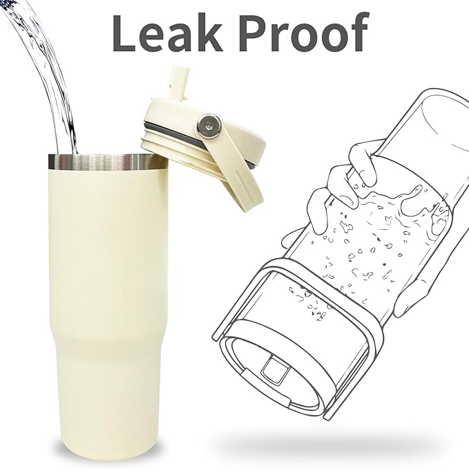 30 oz Tumbler with Top Handle, Double Wall Vacuum Insulated Tumbler with Flip Straw, Travel Coffee Mug 30oz Powder Coated Cup for Laser Engraving (Cream,1 pack)